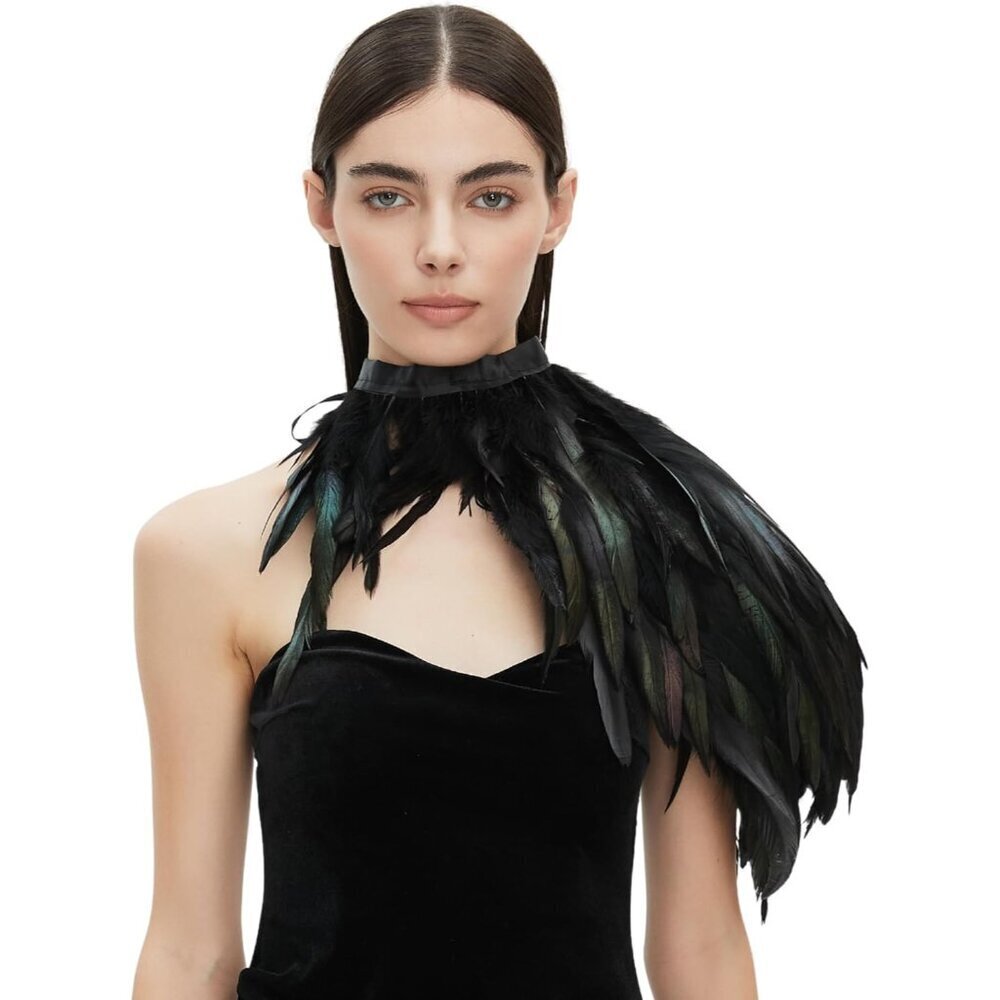 Black Feather Shawl Cape for Women Gothic Costume Halloween Cosplay Accessory